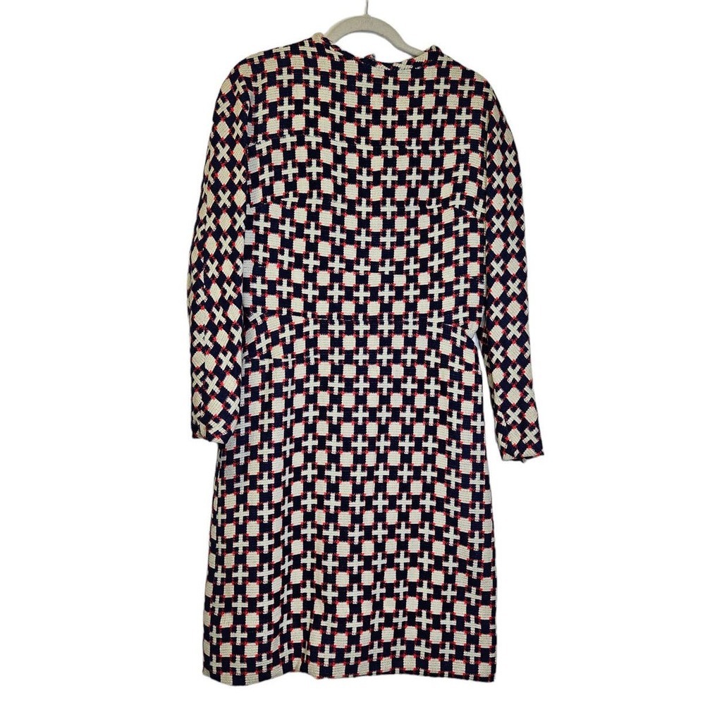 Vintage 60s M Mod Sheath Dress Navy Dot Geometric Long Sleeve Wool Handmade
